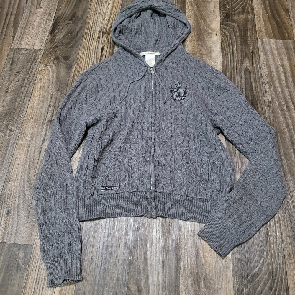 Gray Cable Knit Zip Up Hoodie Sz Large Disney Studios Mickey Crest Logo Y2k